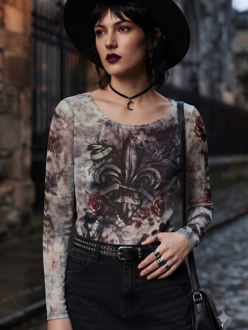 Rock & Republic Fleur-de-Lis motif Mesh Top Size L Y2K Goth Grunge Steampunk